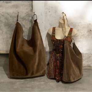 Women's XL chocolate Brown Suede Hobo foldable slouchy Bag - Soft Draped Tote